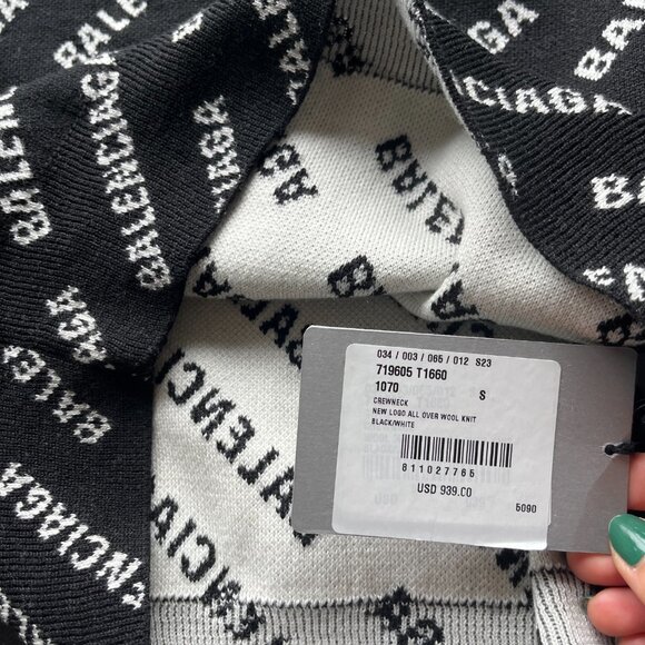 NWT Balenciaga Crewneck Pullover Knit Sweater Black White Mini Logo Allover - Picture 10 of 10